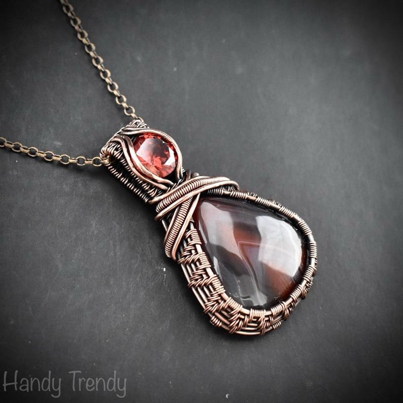 Botswana agate and Red CZ stone pendant, Copper wire wrapped jewelry, Unique handmade gift, One of a kind artisan boho necklace