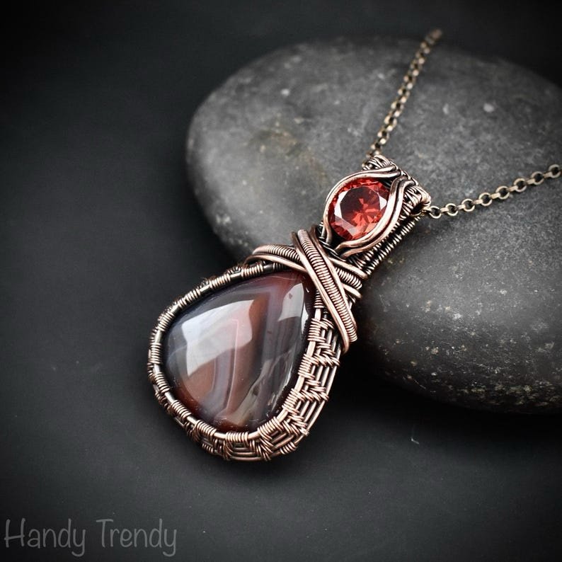 Botswana agate and Red CZ stone pendant, Copper wire wrapped jewelry, Unique handmade gift, One of a kind artisan boho necklace