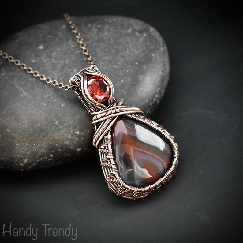 Botswana agate and Red CZ stone pendant, Copper wire wrapped jewelry, Unique handmade gift, One of a kind artisan boho necklace