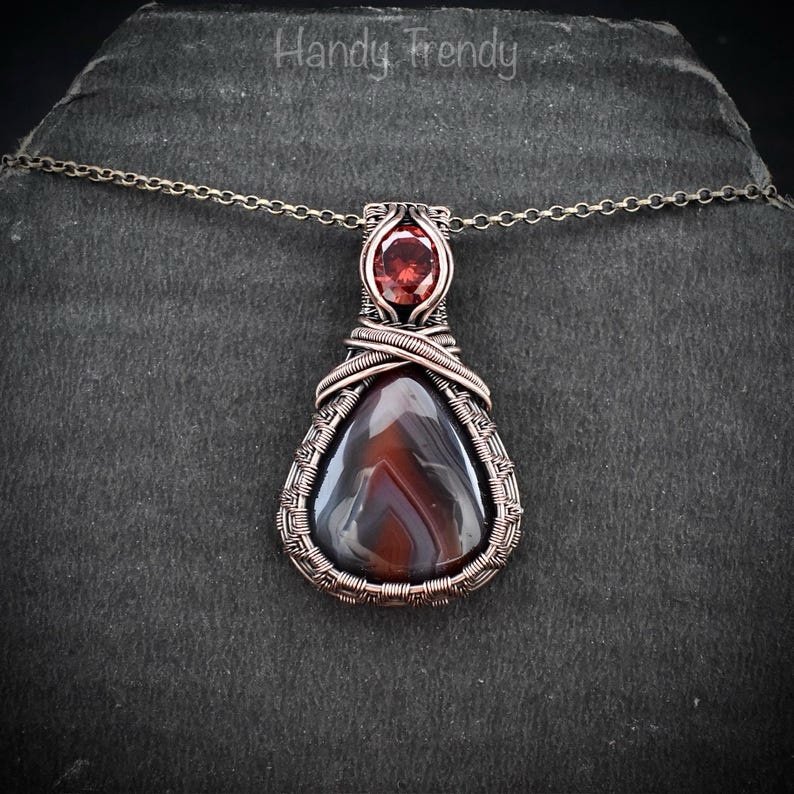 Botswana agate and Red CZ stone pendant, Copper wire wrapped jewelry, Unique handmade gift, One of a kind artisan boho necklace