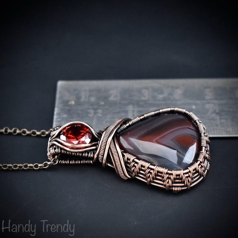 Botswana agate and Red CZ stone pendant, Copper wire wrapped jewelry, Unique handmade gift, One of a kind artisan boho necklace