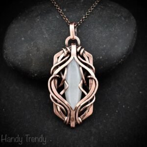 White moonstone pendant, Free-Flow copper wire wrapped necklace, Unique handmade gift, One of a kind artisan boho jewelry