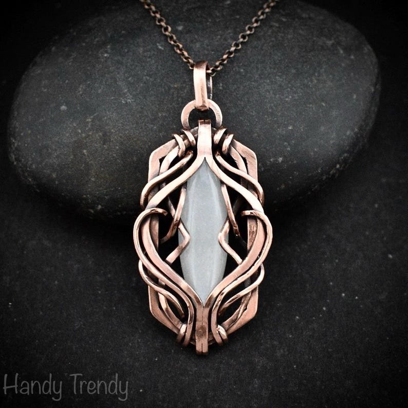 White moonstone pendant, Free-Flow copper wire wrapped necklace, Unique handmade gift, One of a kind artisan boho jewelry