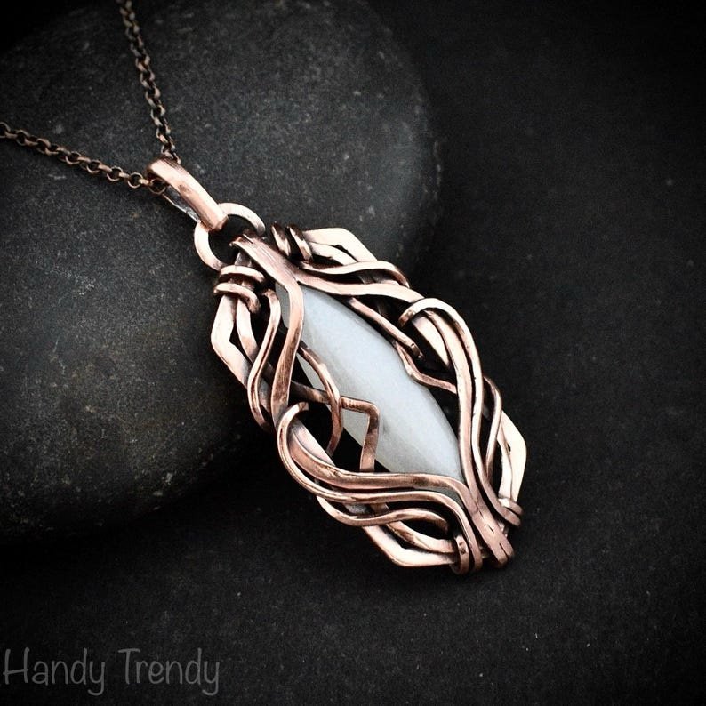 White moonstone pendant, Free-Flow copper wire wrapped necklace, Unique handmade gift, One of a kind artisan boho jewelry