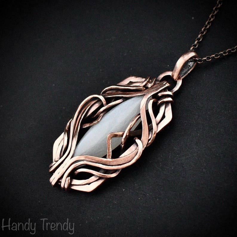 White moonstone pendant, Free-Flow copper wire wrapped necklace, Unique handmade gift, One of a kind artisan boho jewelry