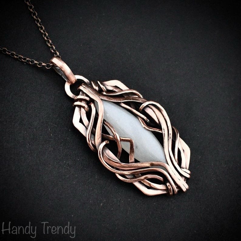 White moonstone pendant, Free-Flow copper wire wrapped necklace, Unique handmade gift, One of a kind artisan boho jewelry