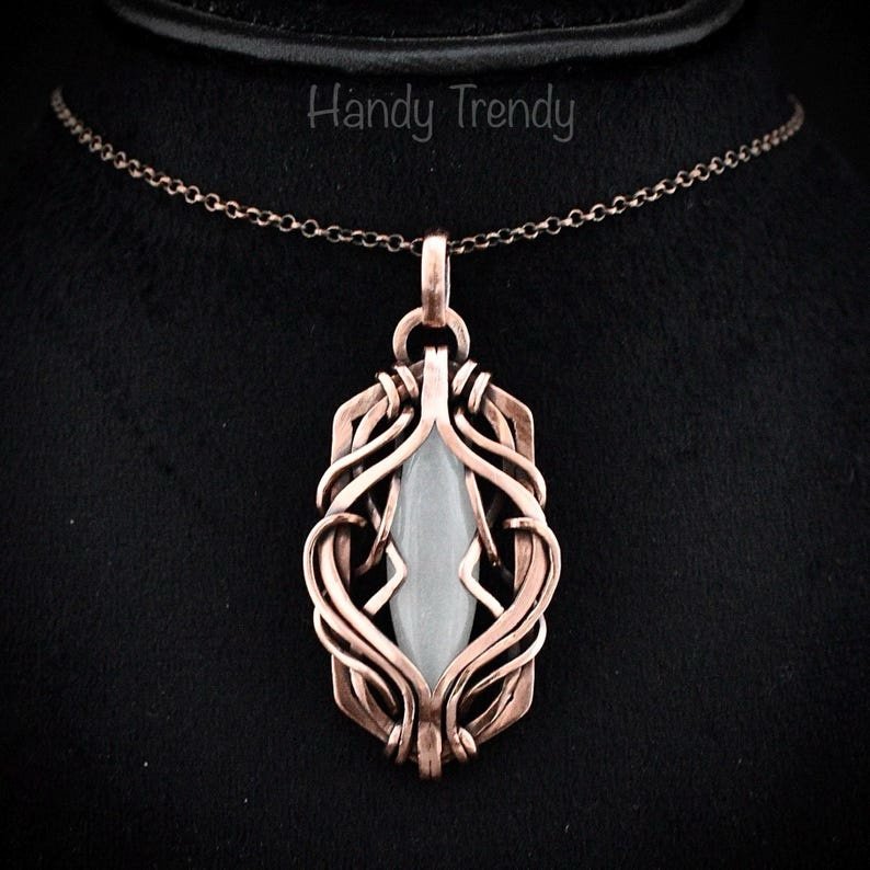 White moonstone pendant, Free-Flow copper wire wrapped necklace, Unique handmade gift, One of a kind artisan boho jewelry