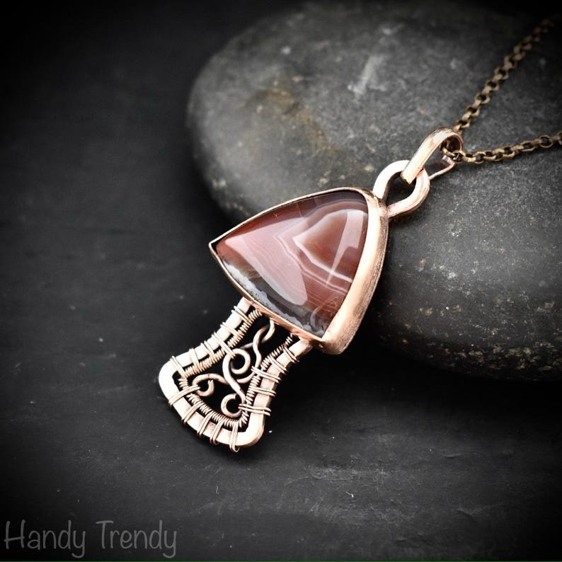 Mushroom pendant, Botswana agate and Copper wire wrapped necklace, Unique handmade Gift, Artisan jewelry, One of a kind pendant