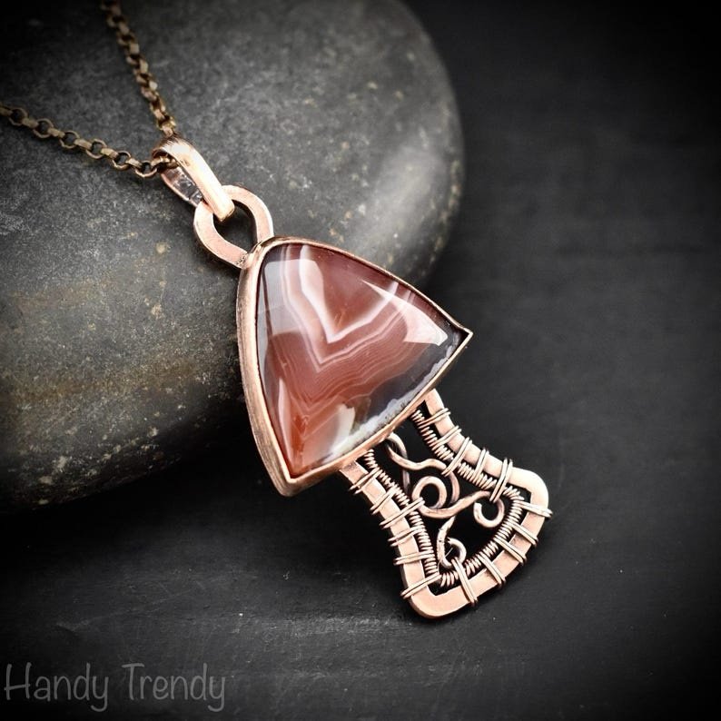 Mushroom pendant, Botswana agate and Copper wire wrapped necklace, Unique handmade Gift, Artisan jewelry, One of a kind pendant