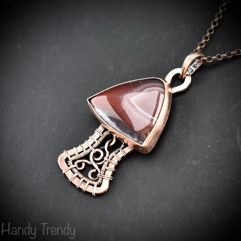 Mushroom pendant, Botswana agate and Copper wire wrapped necklace, Unique handmade Gift, Artisan jewelry, One of a kind pendant