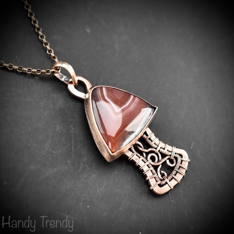 Mushroom pendant, Botswana agate and Copper wire wrapped necklace, Unique handmade Gift, Artisan jewelry, One of a kind pendant