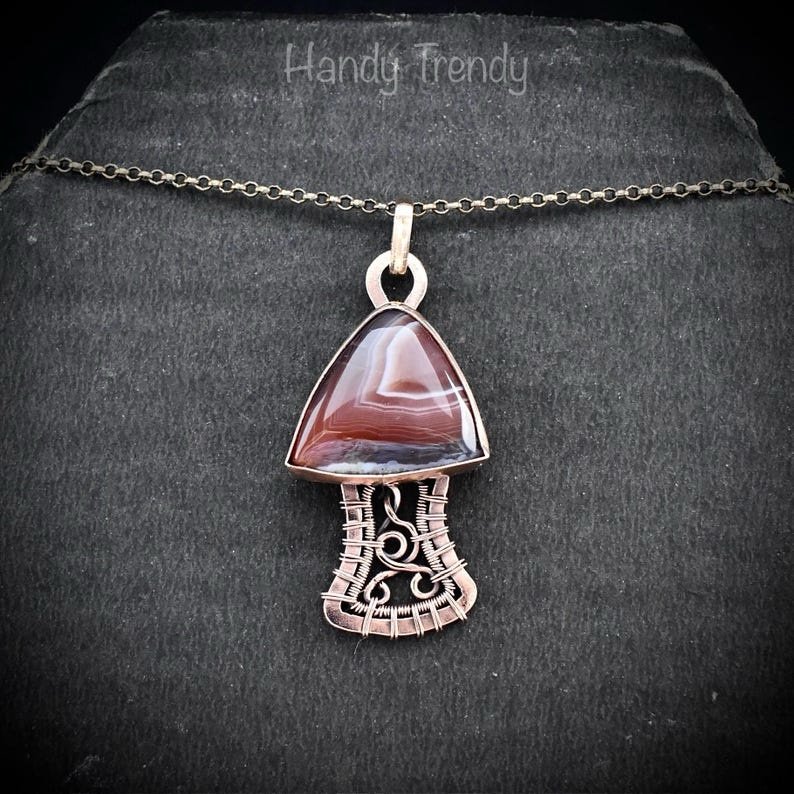Mushroom pendant, Botswana agate and Copper wire wrapped necklace, Unique handmade Gift, Artisan jewelry, One of a kind pendant