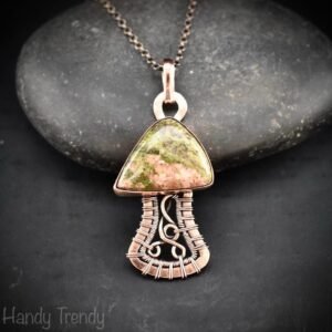 Unakite mushroom pendant, Copper wire wrapped necklace, Unique handmade Gift, Artisan jewelry, One of a kind pendant