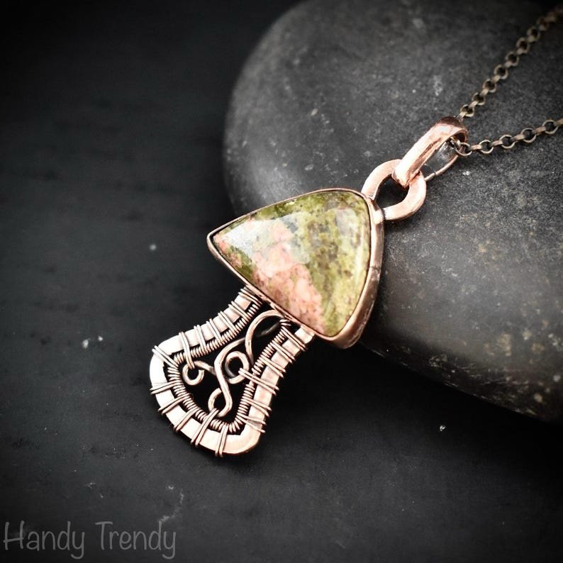 Unakite mushroom pendant, Copper wire wrapped necklace, Unique handmade Gift, Artisan jewelry, One of a kind pendant