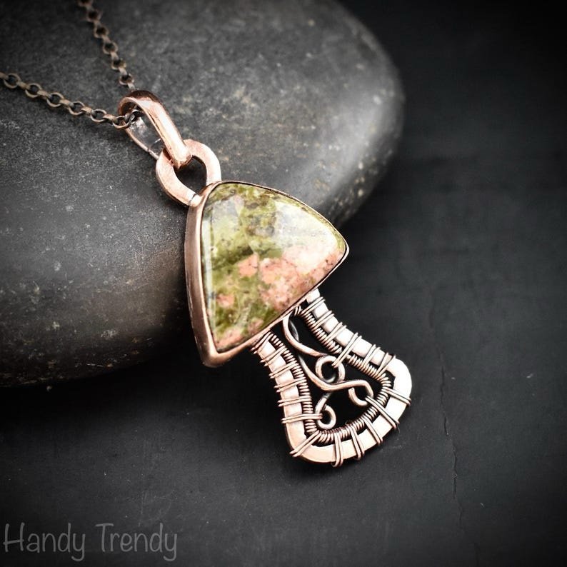 Unakite mushroom pendant, Copper wire wrapped necklace, Unique handmade Gift, Artisan jewelry, One of a kind pendant