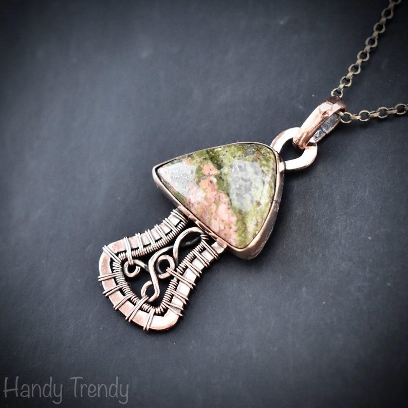Unakite mushroom pendant, Copper wire wrapped necklace, Unique handmade Gift, Artisan jewelry, One of a kind pendant