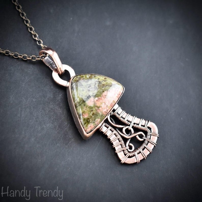 Unakite mushroom pendant, Copper wire wrapped necklace, Unique handmade Gift, Artisan jewelry, One of a kind pendant