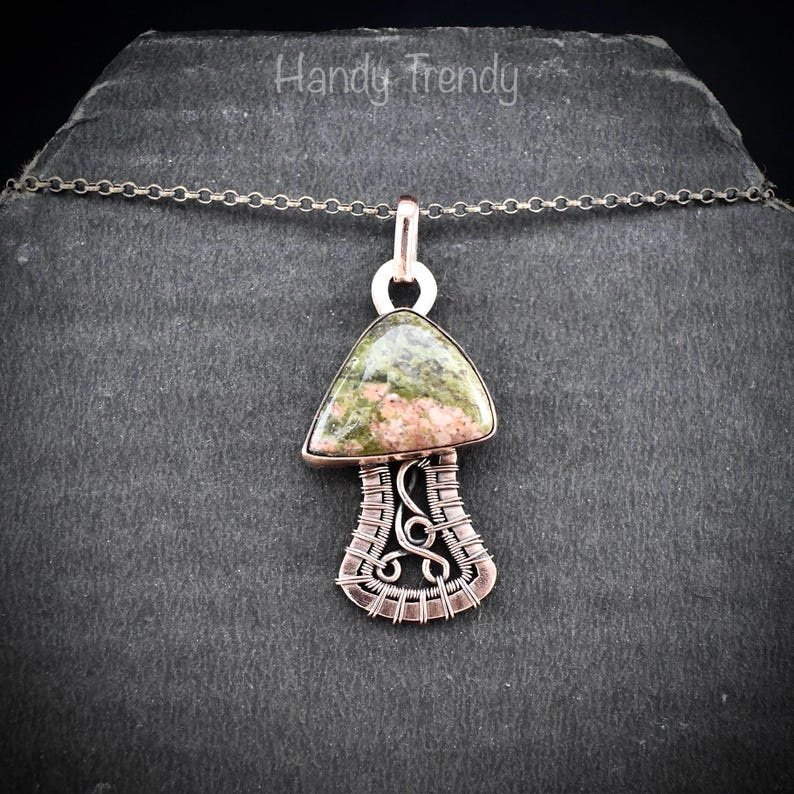 Unakite mushroom pendant, Copper wire wrapped necklace, Unique handmade Gift, Artisan jewelry, One of a kind pendant