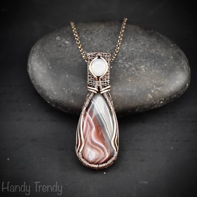 Orange botswana agate and white moonstone pendant, Copper wire wrap jewelry, Unique handmade Gift, Artisan necklace, One of a kind piece