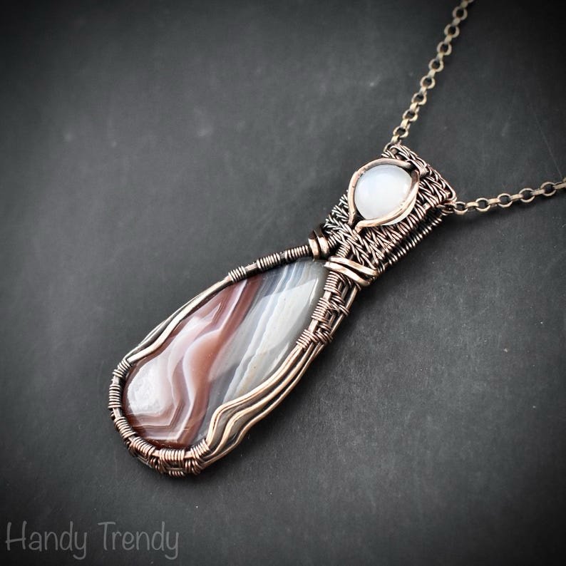 Orange botswana agate and white moonstone pendant, Copper wire wrap jewelry, Unique handmade Gift, Artisan necklace, One of a kind piece