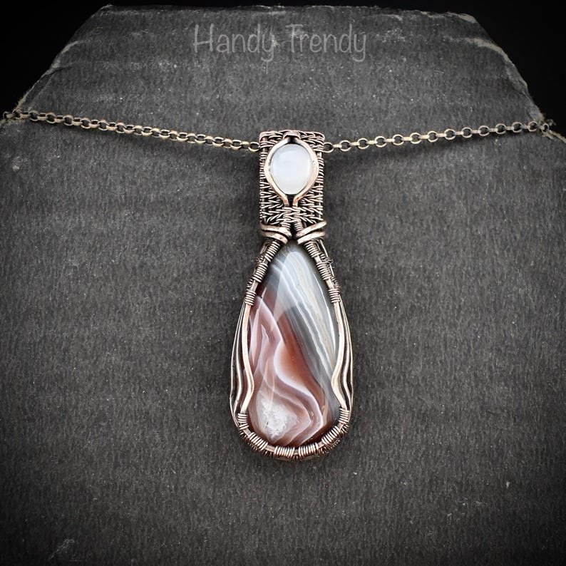 Orange botswana agate and white moonstone pendant, Copper wire wrap jewelry, Unique handmade Gift, Artisan necklace, One of a kind piece