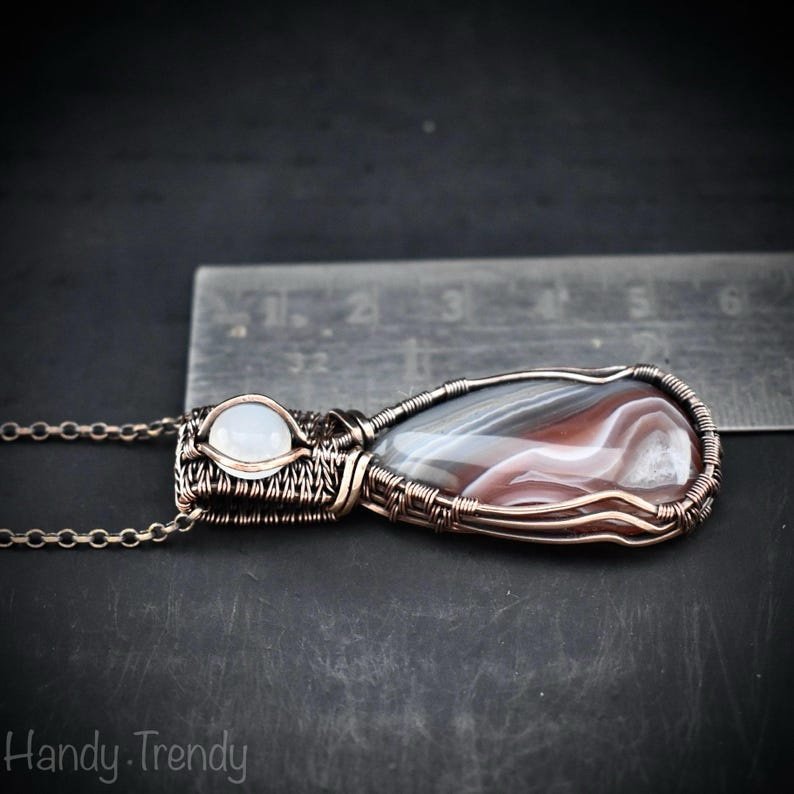Orange botswana agate and white moonstone pendant, Copper wire wrap jewelry, Unique handmade Gift, Artisan necklace, One of a kind piece