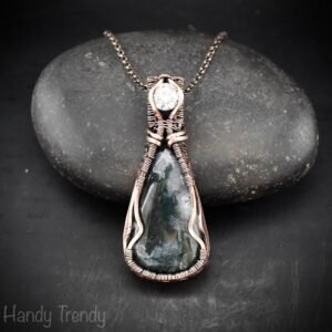 Green moss agate and white cubic zirconia pendant, Copper wire wrap jewelry, Unique handmade Gift, Artisan necklace, One of a kind piece