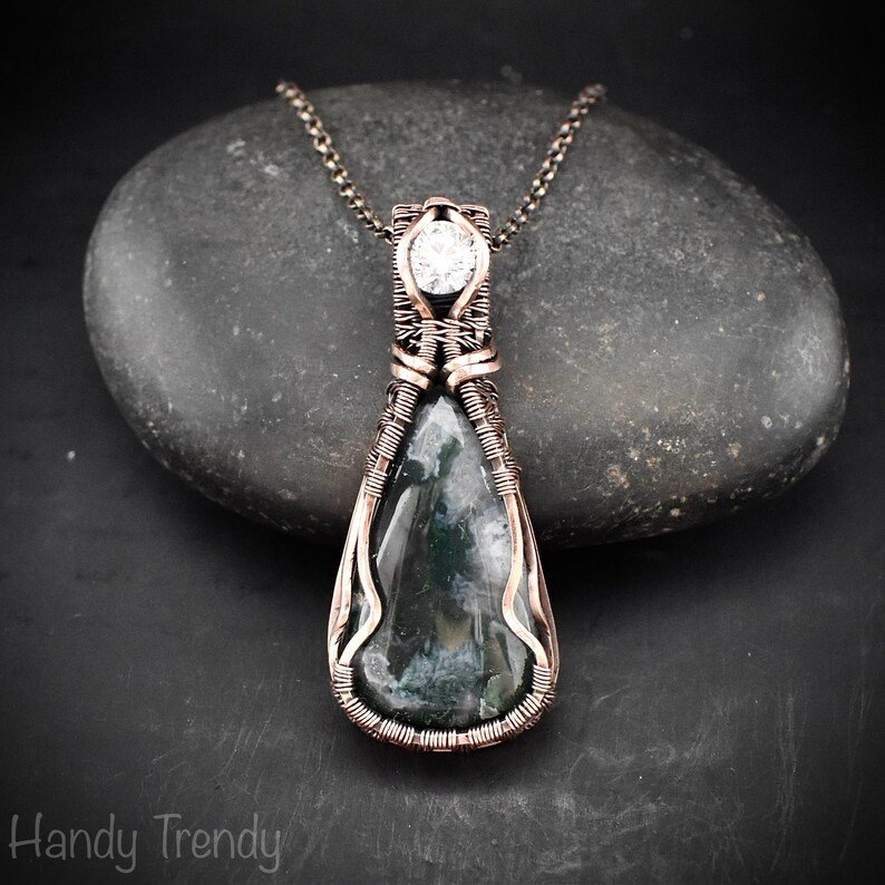 Green moss agate and white cubic zirconia pendant, Copper wire wrap jewelry, Unique handmade Gift, Artisan necklace, One of a kind piece