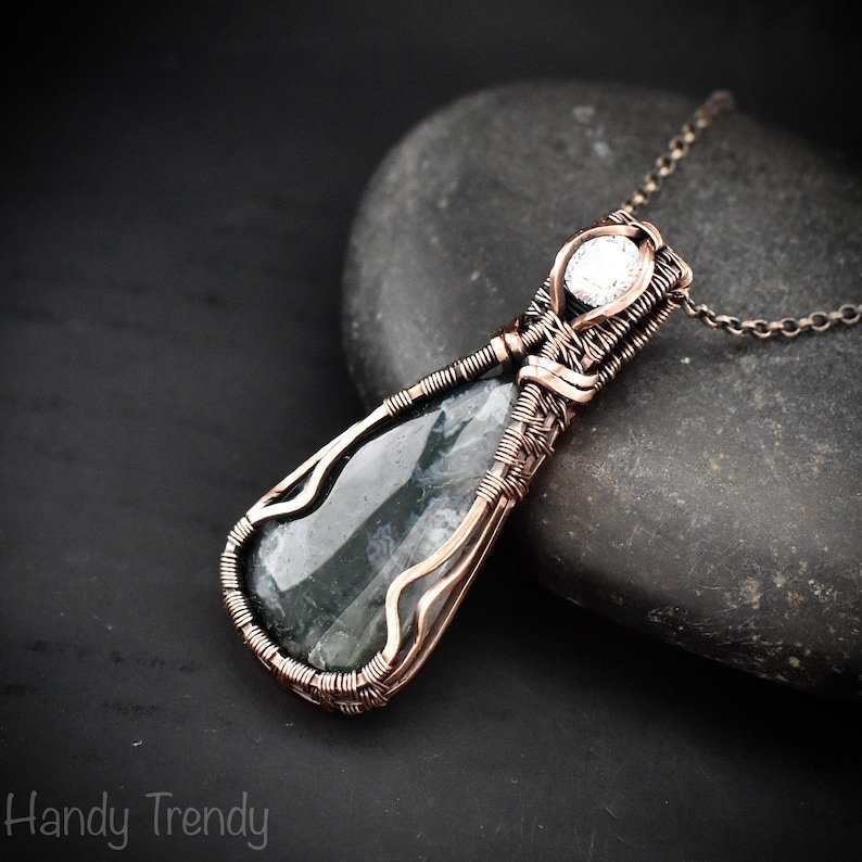 Green moss agate and white cubic zirconia pendant, Copper wire wrap jewelry, Unique handmade Gift, Artisan necklace, One of a kind piece