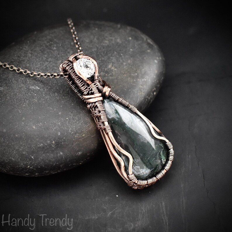 Green moss agate and white cubic zirconia pendant, Copper wire wrap jewelry, Unique handmade Gift, Artisan necklace, One of a kind piece
