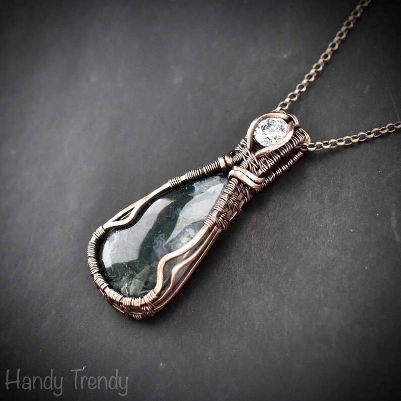 Green moss agate and white cubic zirconia pendant, Copper wire wrap jewelry, Unique handmade Gift, Artisan necklace, One of a kind piece