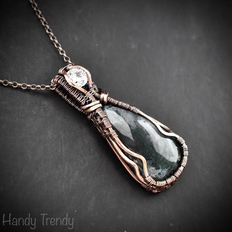 Green moss agate and white cubic zirconia pendant, Copper wire wrap jewelry, Unique handmade Gift, Artisan necklace, One of a kind piece