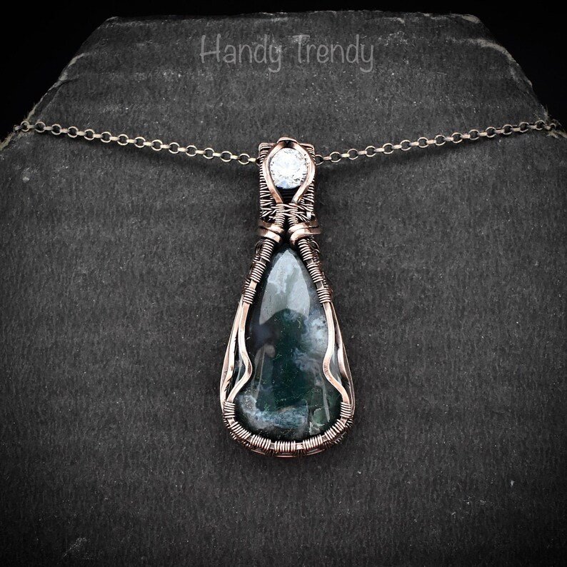 Green moss agate and white cubic zirconia pendant, Copper wire wrap jewelry, Unique handmade Gift, Artisan necklace, One of a kind piece