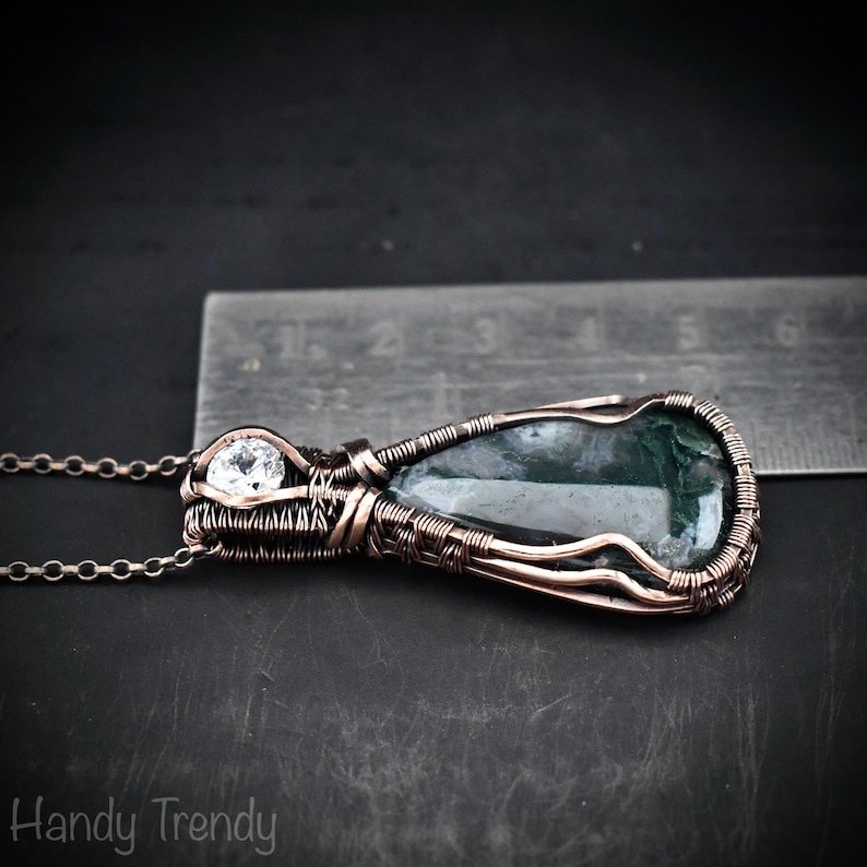 Green moss agate and white cubic zirconia pendant, Copper wire wrap jewelry, Unique handmade Gift, Artisan necklace, One of a kind piece