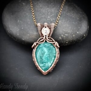 Amazonite and white cubic zirconia pendant, Copper wire wrapped double stone necklace, Unique handmade birthday gift, One of a kind jewelry
