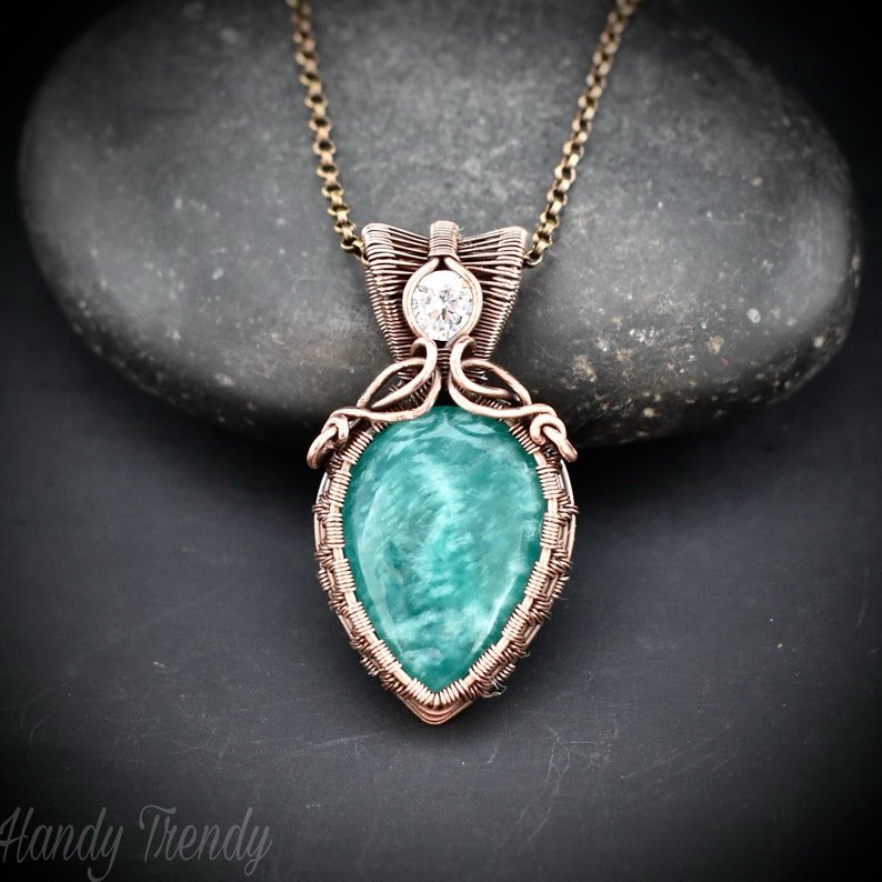 Amazonite and white cubic zirconia pendant, Copper wire wrapped double stone necklace, Unique handmade birthday gift, One of a kind jewelry
