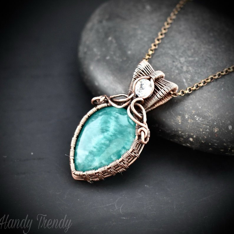 Amazonite and white cubic zirconia pendant, Copper wire wrapped double stone necklace, Unique handmade birthday gift, One of a kind jewelry