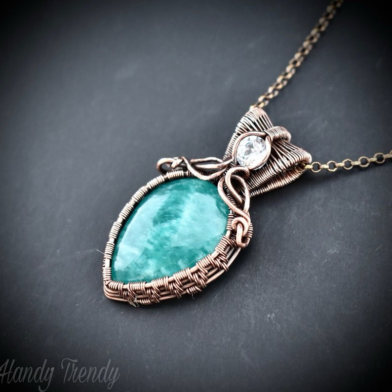 Amazonite and white cubic zirconia pendant, Copper wire wrapped double stone necklace, Unique handmade birthday gift, One of a kind jewelry