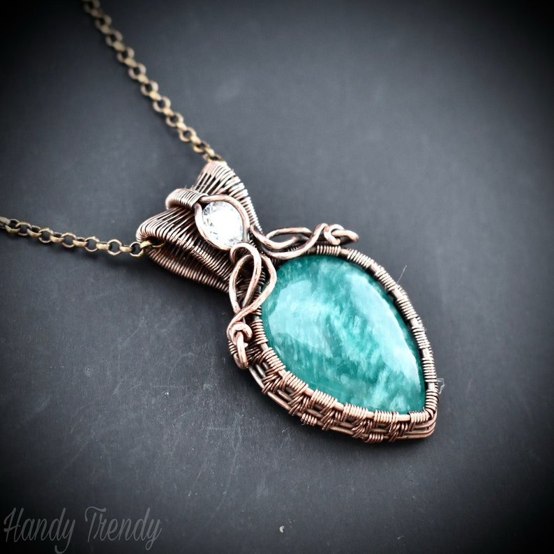 Amazonite and white cubic zirconia pendant, Copper wire wrapped double stone necklace, Unique handmade birthday gift, One of a kind jewelry