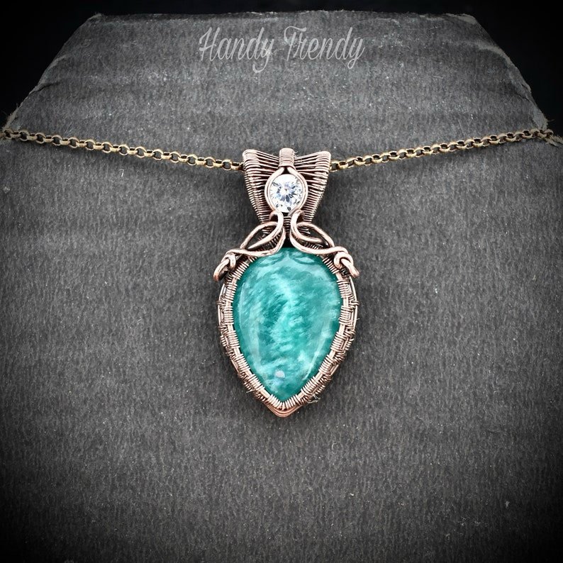 Amazonite and white cubic zirconia pendant, Copper wire wrapped double stone necklace, Unique handmade birthday gift, One of a kind jewelry