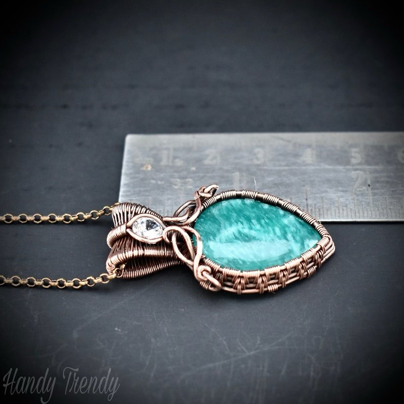 Amazonite and white cubic zirconia pendant, Copper wire wrapped double stone necklace, Unique handmade birthday gift, One of a kind jewelry