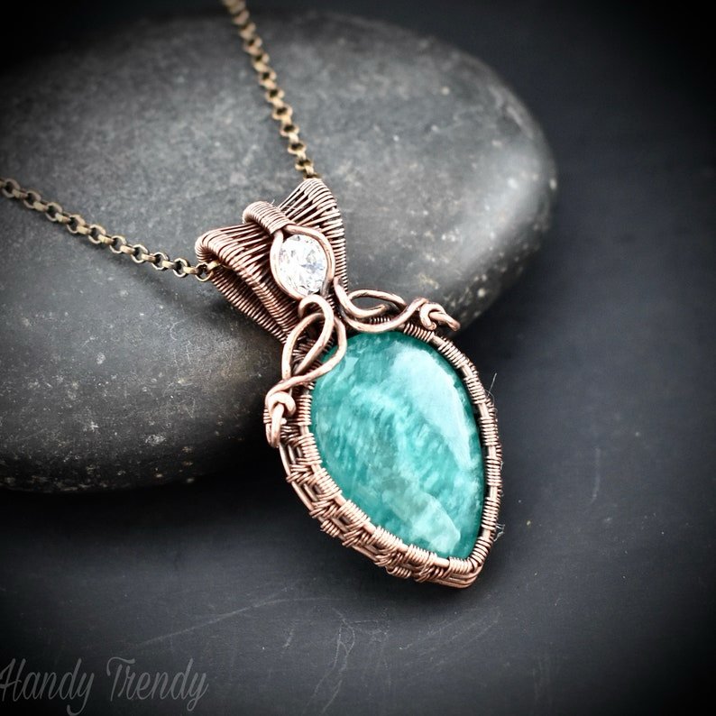 Amazonite and white cubic zirconia pendant, Copper wire wrapped double stone necklace, Unique handmade birthday gift, One of a kind jewelry