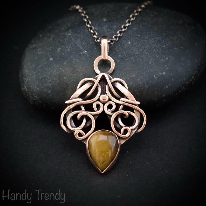 Yellow tiger eye drop pendant, Copper Wire wrapped necklace, Unique handmade gift, One of a kind jewelry, Artisan boho necklace