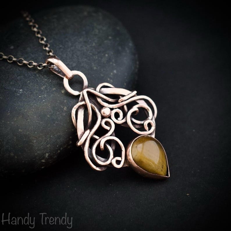 Yellow tiger eye drop pendant, Copper Wire wrapped necklace, Unique handmade gift, One of a kind jewelry, Artisan boho necklace