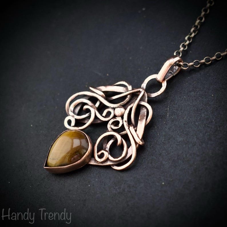 Yellow tiger eye drop pendant, Copper Wire wrapped necklace, Unique handmade gift, One of a kind jewelry, Artisan boho necklace