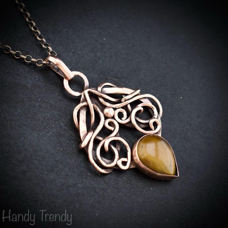 Yellow tiger eye drop pendant, Copper Wire wrapped necklace, Unique handmade gift, One of a kind jewelry, Artisan boho necklace