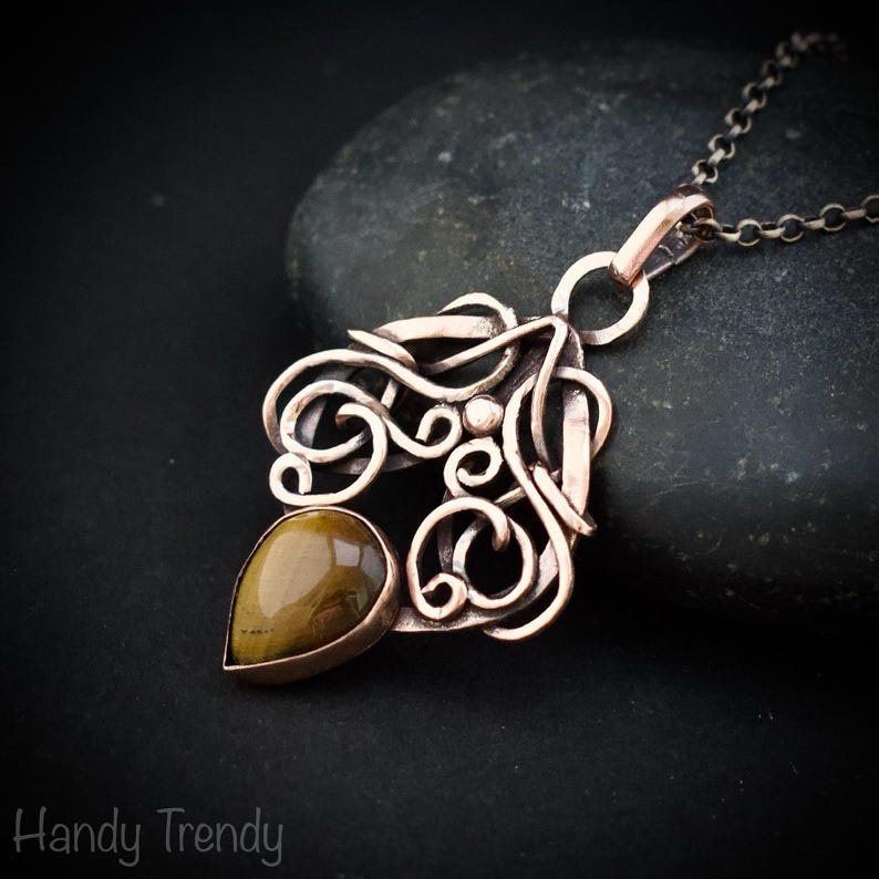 Yellow tiger eye drop pendant, Copper Wire wrapped necklace, Unique handmade gift, One of a kind jewelry, Artisan boho necklace