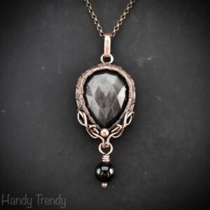 Silver obsidian and black onyx bead drop pendant, Copper wire wrapped necklace, Unique handmade gift, One of a kind artisan jewelry
