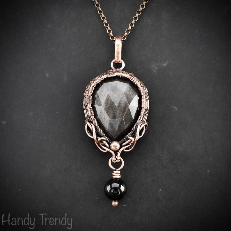 Silver obsidian and black onyx bead drop pendant, Copper wire wrapped necklace, Unique handmade gift, One of a kind artisan jewelry