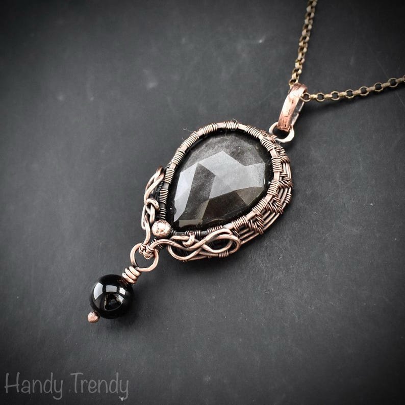 Silver obsidian and black onyx bead drop pendant, Copper wire wrapped necklace, Unique handmade gift, One of a kind artisan jewelry